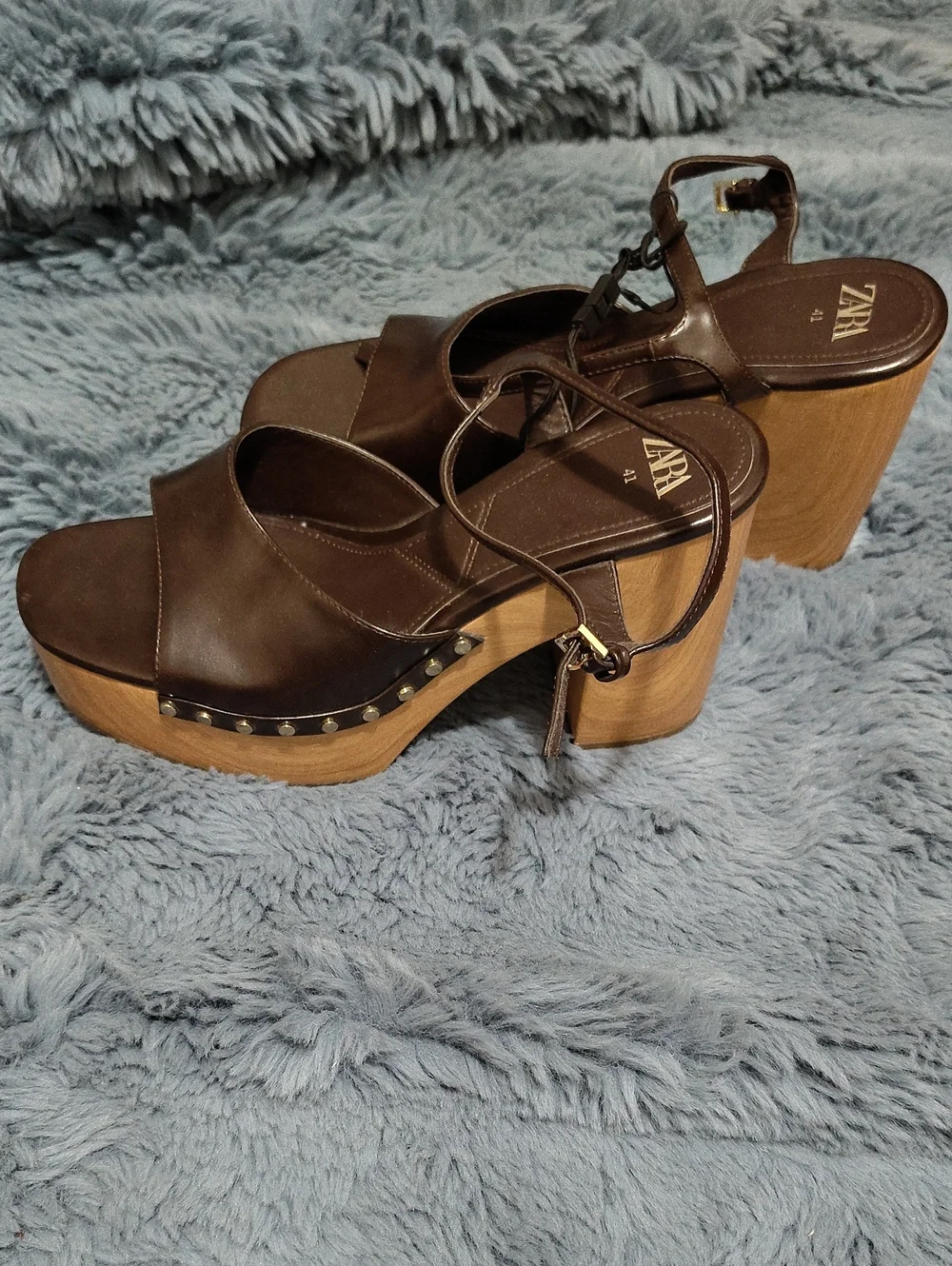 ZARA Dark Brown Leather Platform Sandals with Ankle Strap